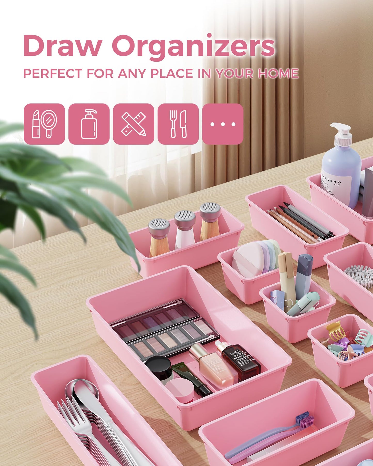 BiuLeon 25 PCS Plastic Drawer Organizers Set, 4-Sizes Vanity and Makeup Organizer, Desk and bathroom Drawer Organizer Trays, Organizers and Storage