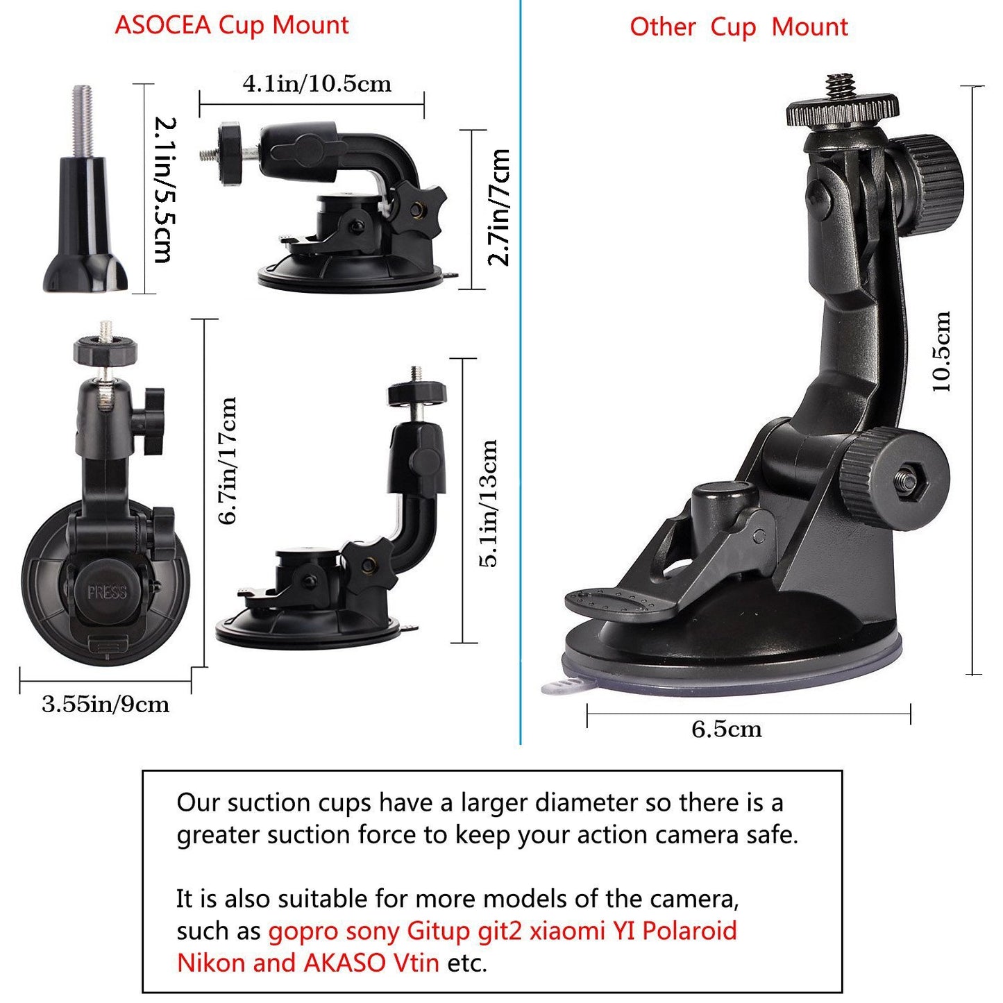 ASOCEA Action Camera Suction Cup Mount Windshield Camera Holder Tripod Adapter with 1/4" Screw Compatible with Gopro Hero 13 12 11 10 9/AKASO