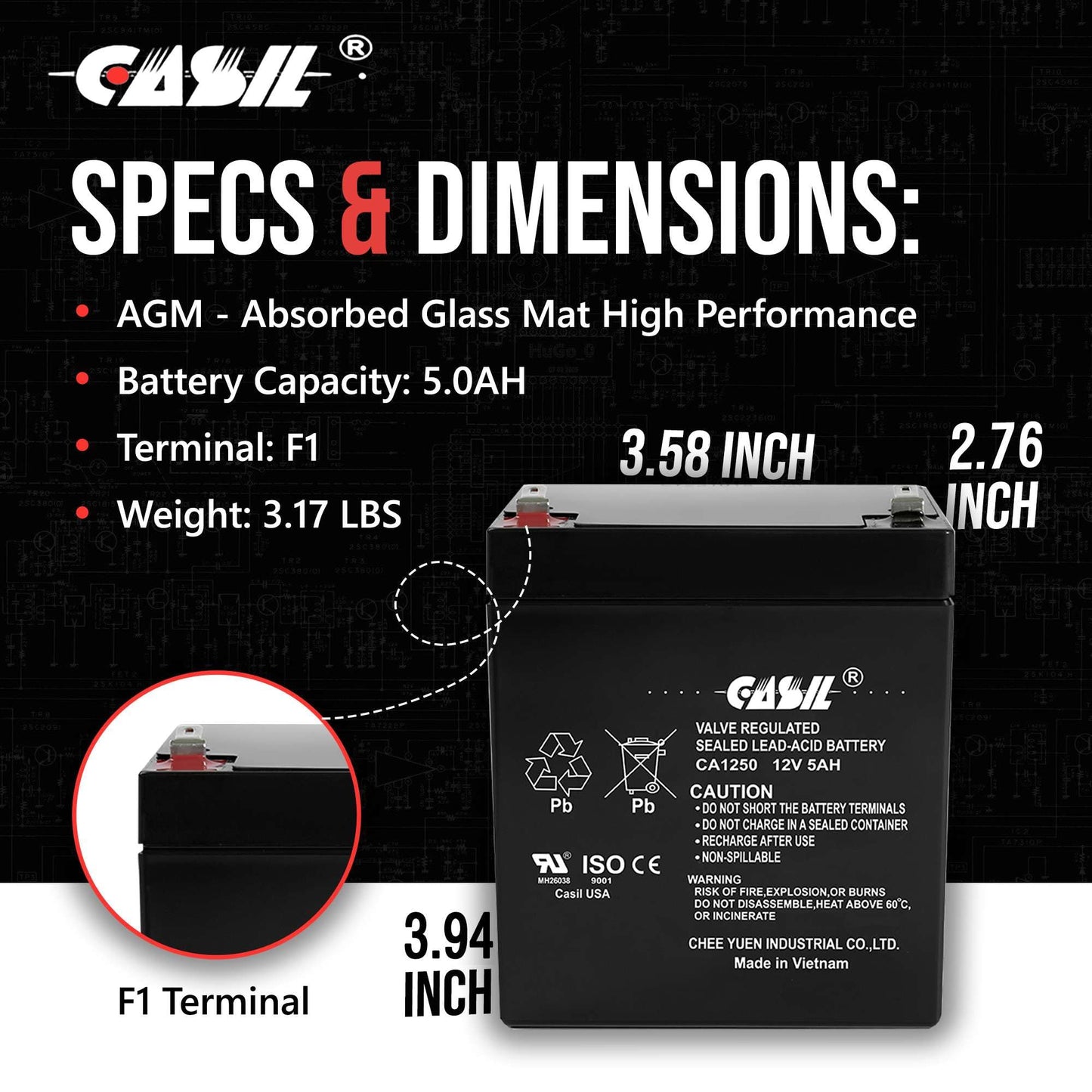 Casil Genuine CA1250 12V 5Ah SLA Alarm Battery | Upgrade Replacement for CA1240 12V 4Ah | Sealed Lead Acid AGM Backup Power