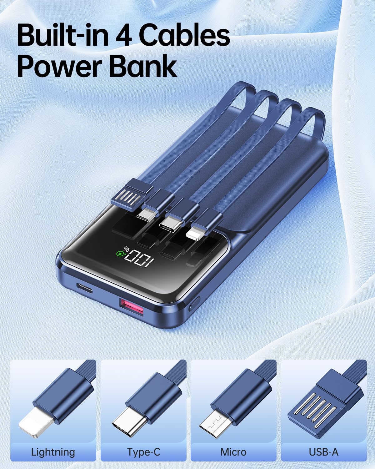 Portable Charger Power Bank with Built in Cable 20000mAh Fast Charging