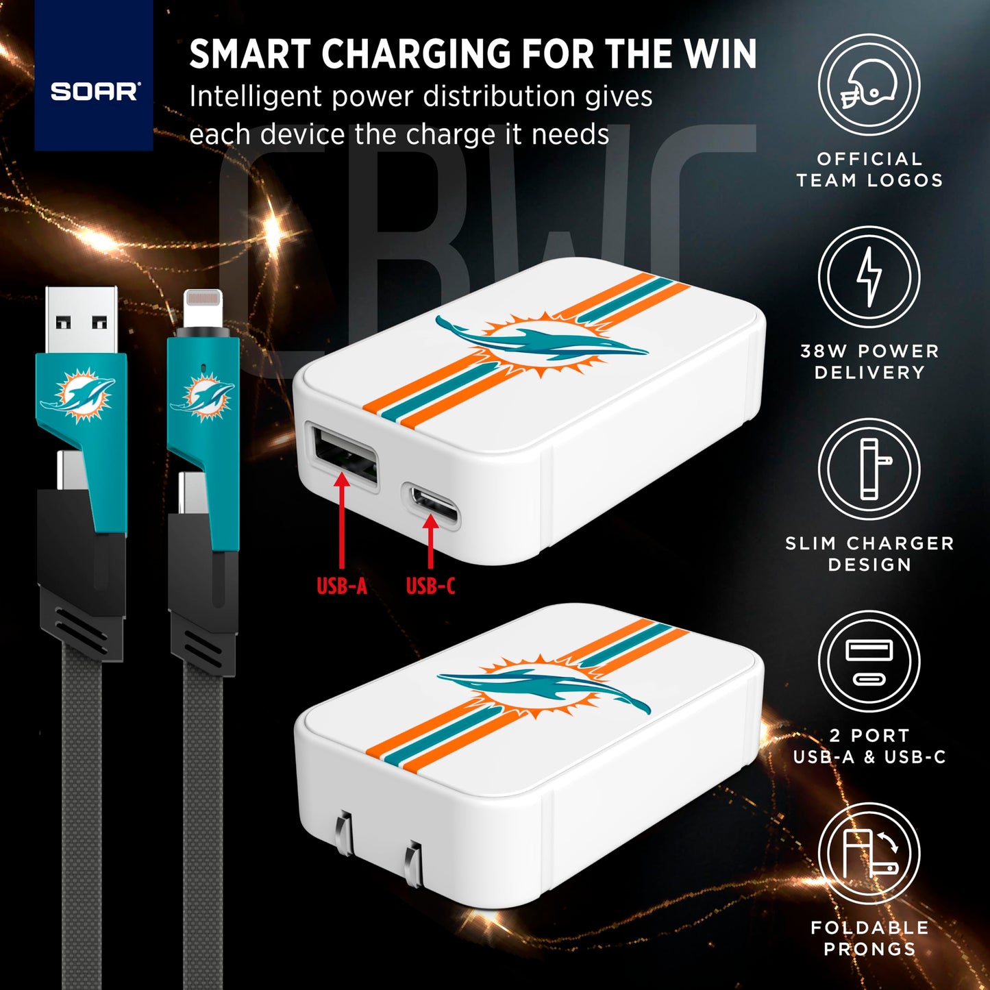 SOAR NFL Slim Wall Charger and 4 in 1 Multi Charging Cable, Seattle Seahawks