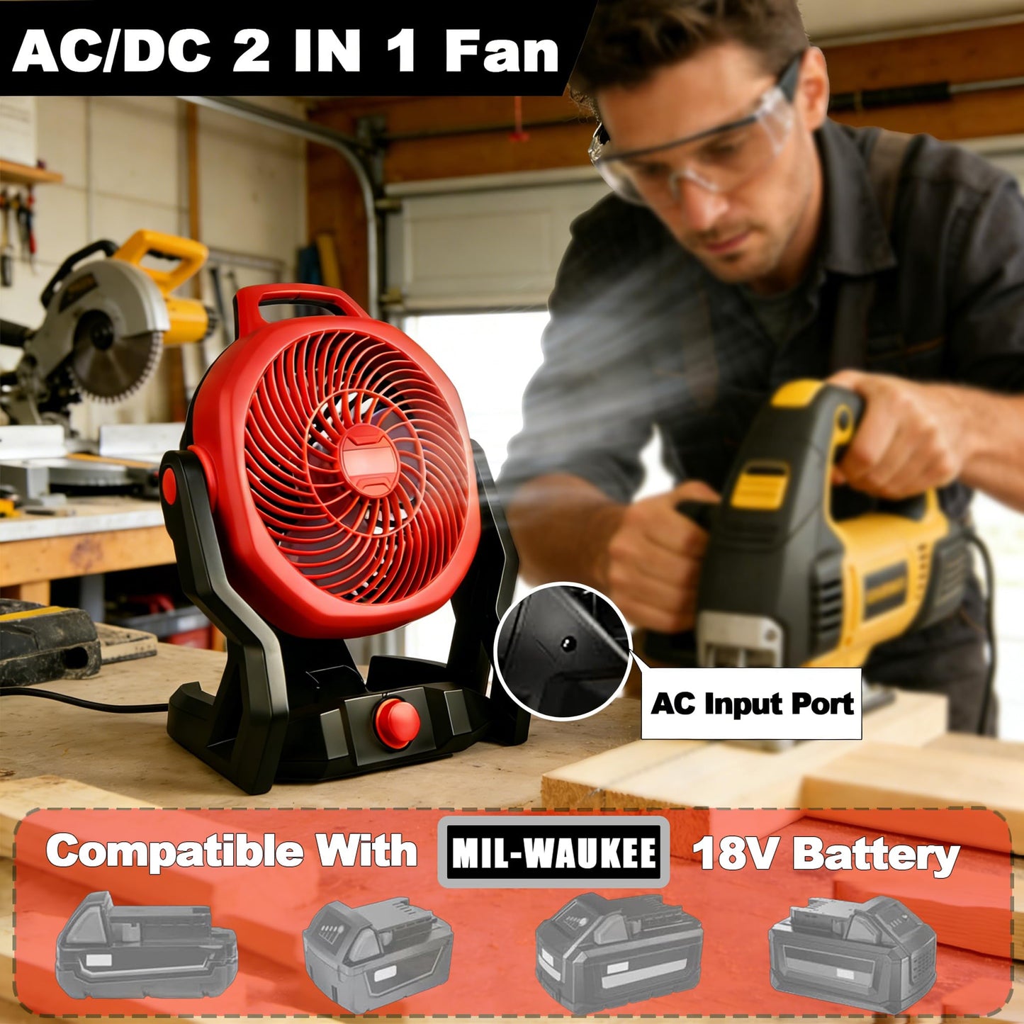 WeToolGoo Cordless Brushless Jobsite Fan Compatible with Milwaukee 18V Battery, Battery Powered Fan 650 CFM Variable Speed, or AC Power for Outdoor
