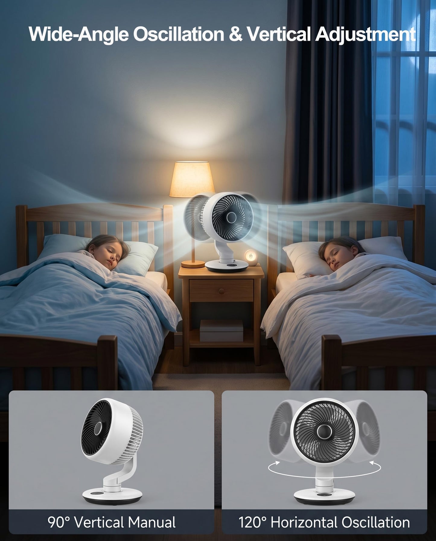 Desk Fan for Bedroom Air Circulator, Battery Powered Tabletop Fan, White