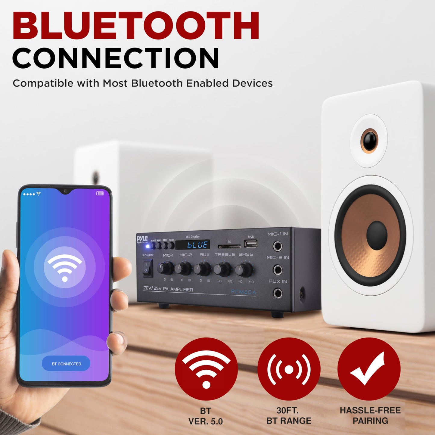 Pyle Compact Mini Home Power Amplifier - 40W Smart Small Audio Stereo Receiver w/ AUX 2 Microphone IN COM/8-Ohm/25V/70V Speakers LED Input Selector