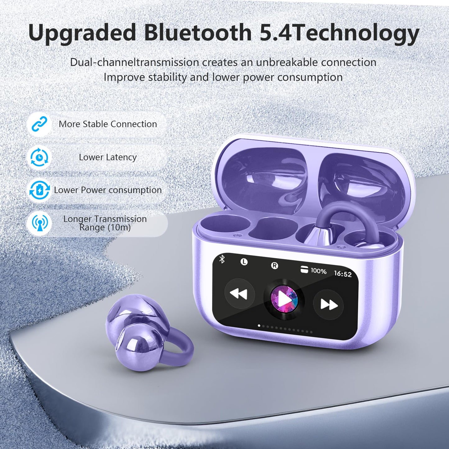 Open Ear Clip On Earbuds, Bluetooth 5.4 Lightweight Comfort Bone Conduction Headphones with LED Digital Display Charging Case Sport Built-in Mic IPX7