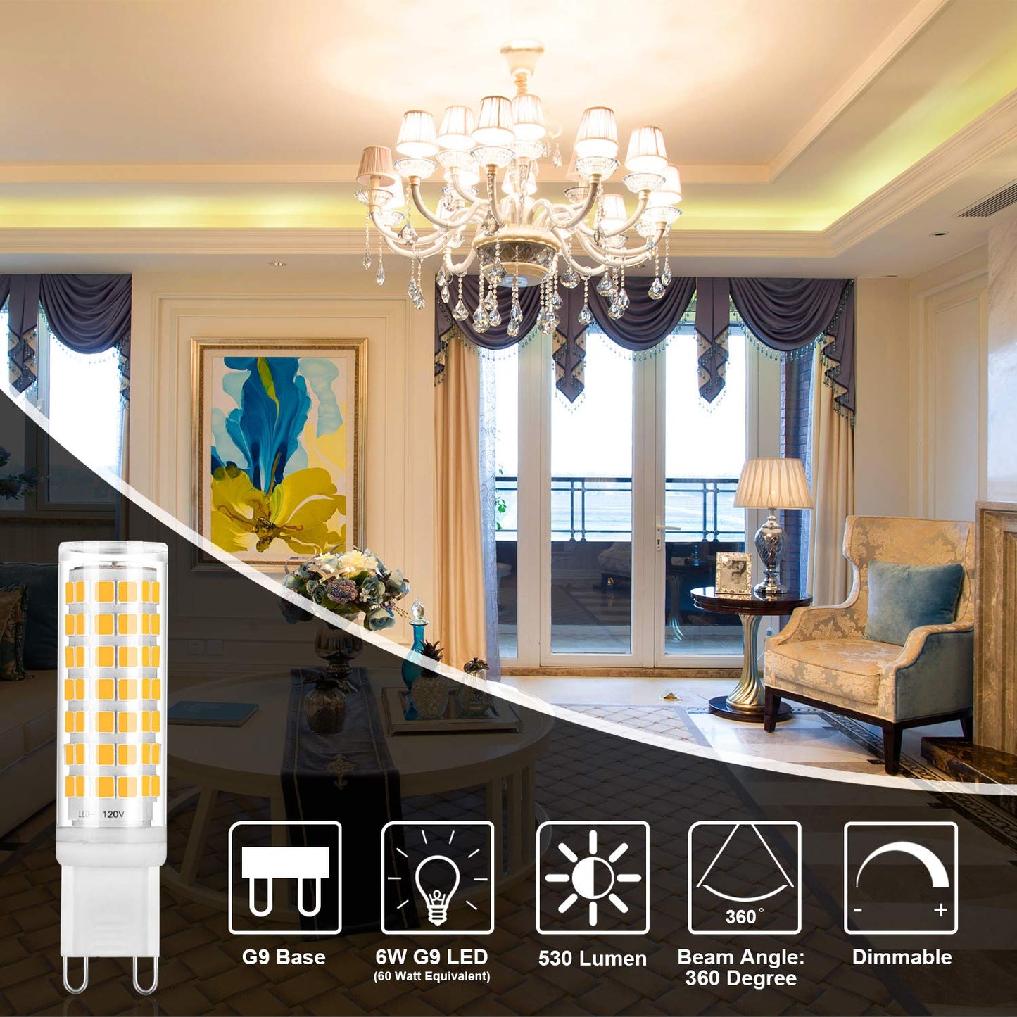 YUIIP G9 LED Bulb Dimmable 6W Warm White 3000K, T4 G9 Ceramic Bi-pin Base Light Bulbs AC 120V 530LM, 50W 60W Halogen Bulb Equivalent, G9 Light Bulbs