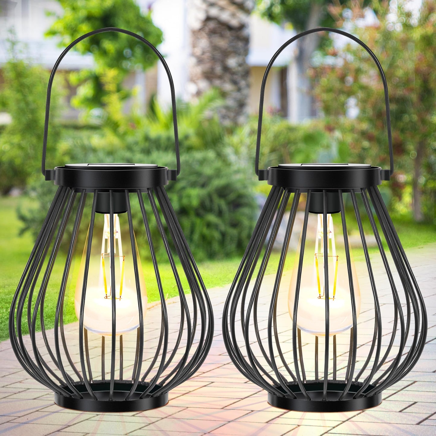 HPC Decor Outdoor Solar Lantern, 2PK Hanging Solar Powered Metal Light with Handle, Waterproof Wireless Warm Retro Bulb Design Lamp for Yard Garden