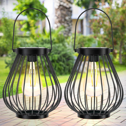 HPC Decor Outdoor Solar Lantern, 2PK Hanging Solar Powered Metal Light with Handle, Waterproof Wireless Warm Retro Bulb Design Lamp for Yard Garden