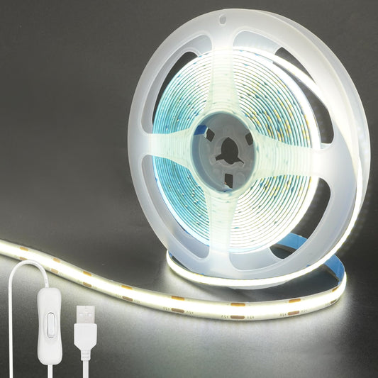 Clearhill 5V USB COB LED Strip Lights with Switch 2Packs,16.4FT/5M,Cool White 6500K,320LEDs/M,8mm Width,Not Waterproof IP20,1M USB Cable,for DIY Home