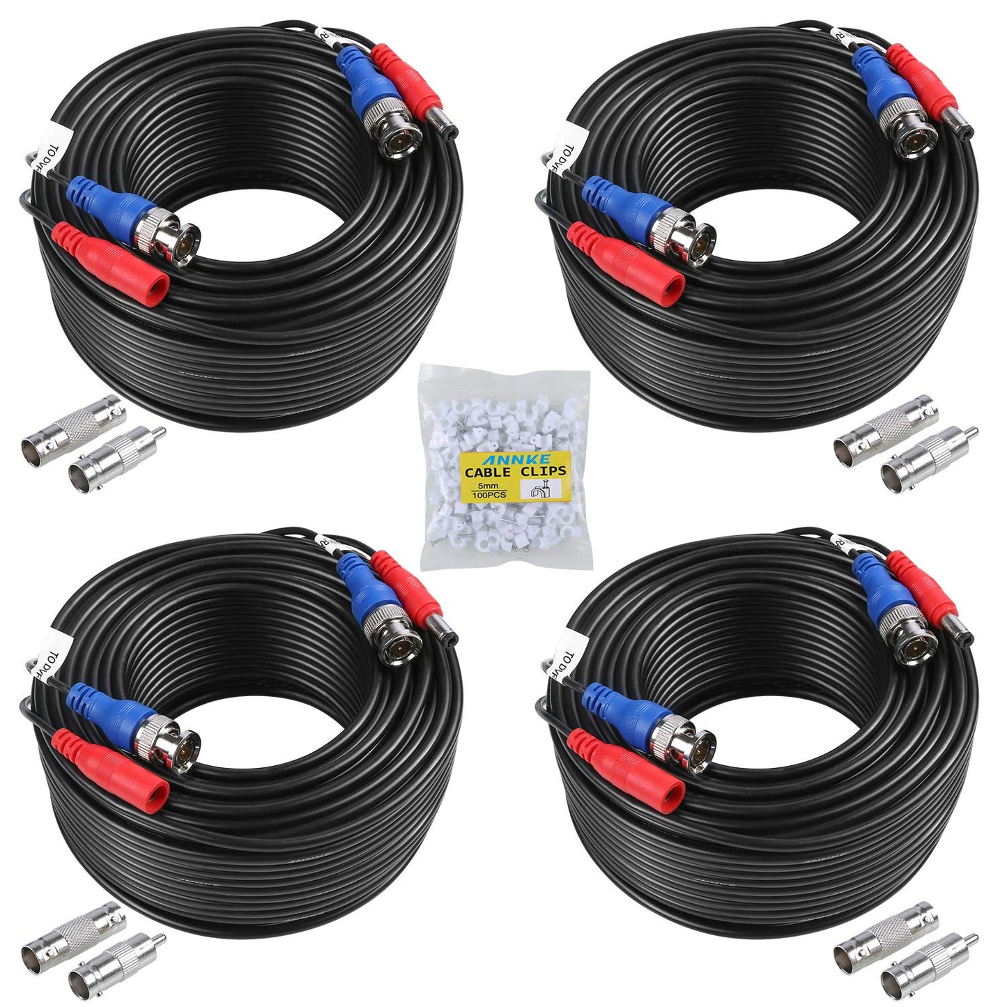 SANNCE 4-Pack 100ft BNC Video and Power Security Camera Cable with BNC Connectors and RCA Adapters for CCTV Camera System 100pcs Cable Clips (Black)