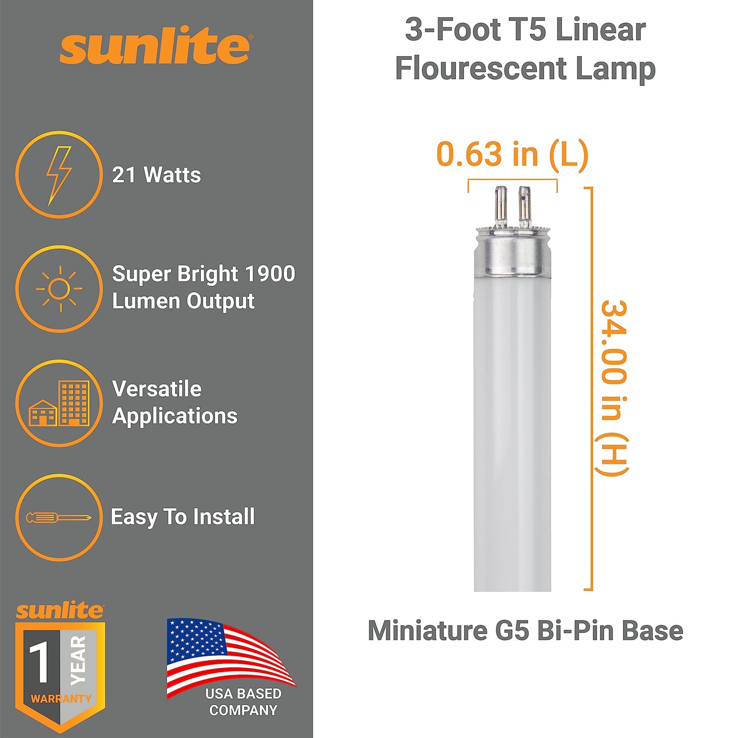 Sunlite 30320 F21T5/835 3 Foot T5 Linear Fluorescent Lamp, 21 Watts, 1900 Lumens, 3500K Neutral White, Miniature G5 Bi-Pin Base, ROHS Compliant, High