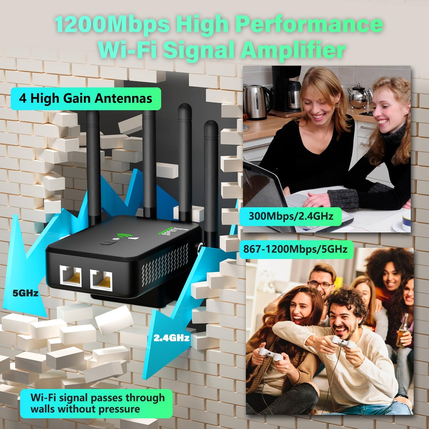 WiFi Extender Signal Booster for Home, Dual Band 5GHz&2.4GHz, Covers Up to 12880 Sq.ft 100 Devices, 1200Mbps Home Signal Booster w/Ethernet Port and 4