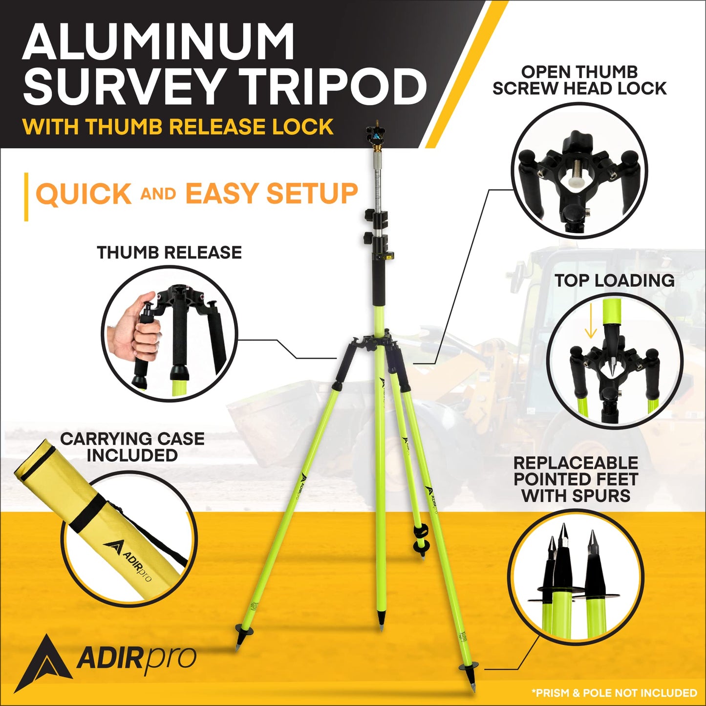 AdirPro Aluminum Prism Pole Tripod | Adjustable Range Pole Tripod with Quick-Release Clamp | for Survey Pole, Rover Rod, GPS & GNSS RTK | Total