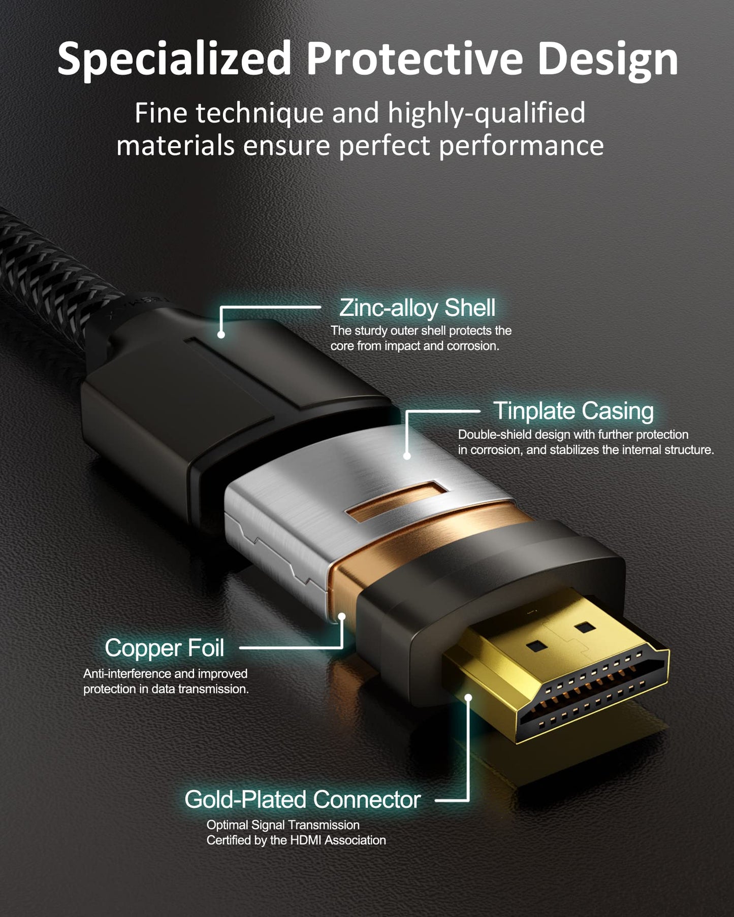 8K HDMI Cable 48Gbps 6.5FT, TESMAX Certified Ultra High Speed 8K60Hz 4K120Hz, HDCP 2.2 2.3 Dynamic HDR HDR10 eARC,Compatible with Dolby Vision Apple