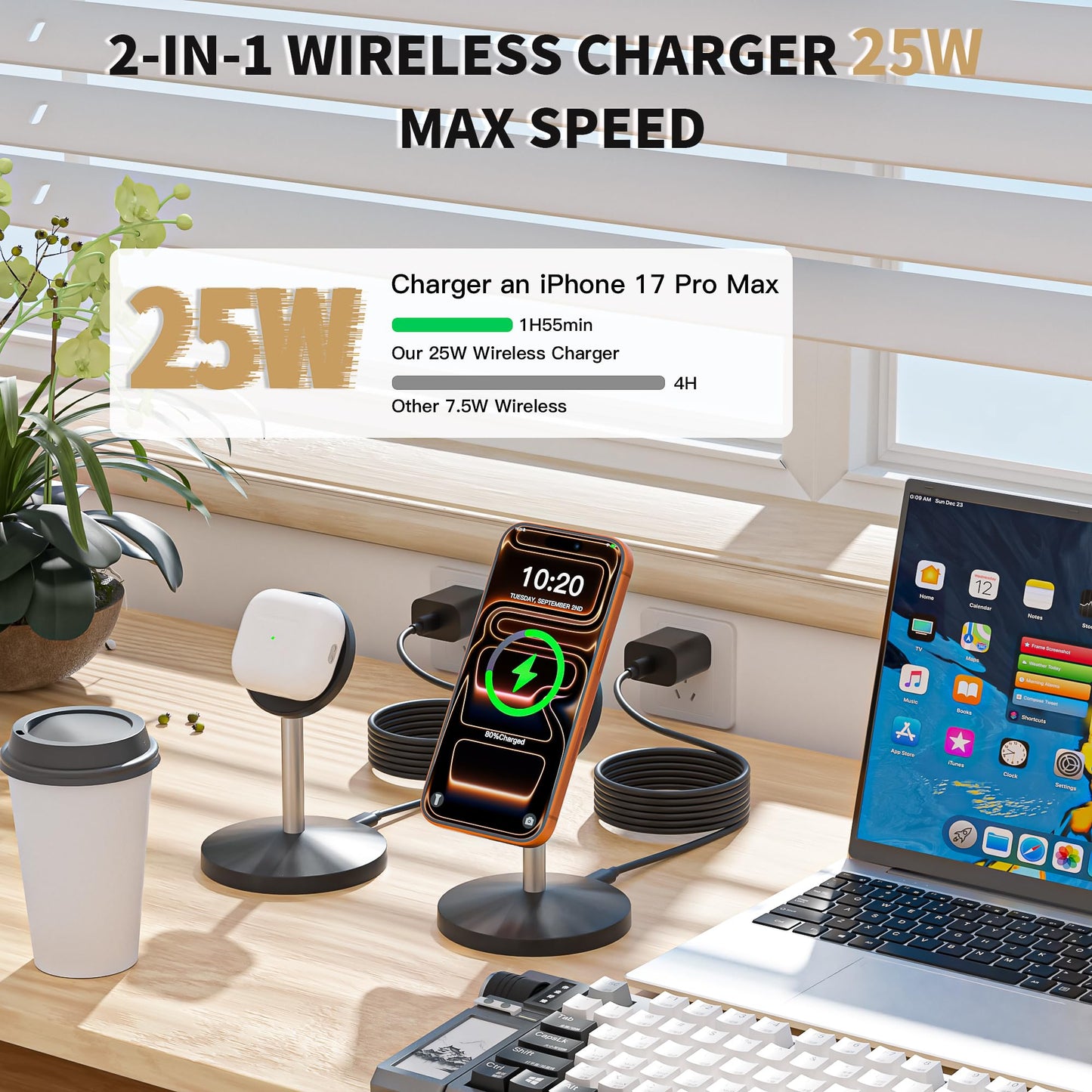 Magnetic Wireless Charging Station,25W Fast Charger 6FT Mag safe Wireless Station Pad,Magnetic Mag-Safe 360° Charger Stand for iPhone 17/17 Pro/Air/17