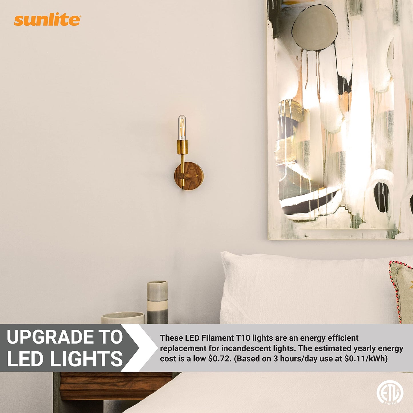 Sunlite 41149 LED Filament T10 Tubular Light Bulb, 6 Watts (40W Equivalent), 460 Lumens, Medium E26 Base, Dimmable, 128 mm, 85 CRI, ETL Listed, 2200K