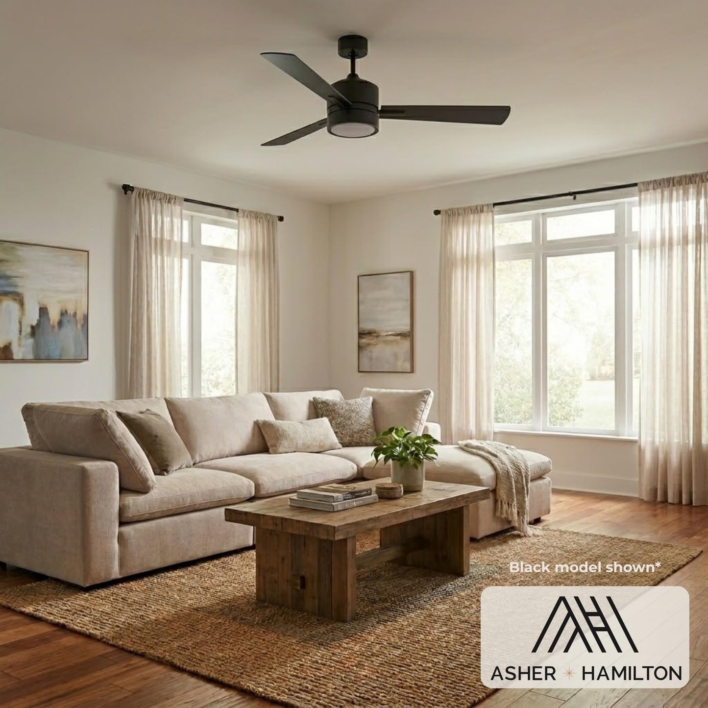 Asher Hamilton AHF-207BN Aero 52 Inch Indoor Ceiling Fan | Integrated LED Light Kit 1184 Lumens 3000K | 3 Blade Configuration | Control Included |