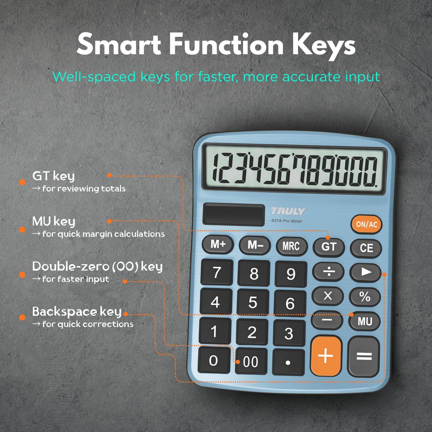 TRULY 12-Digit Desktop Calculator with Large Display, Big Buttons, Dual Power (Solar + Battery), Metal Finish, Ideal for Office, Home, School - 837A