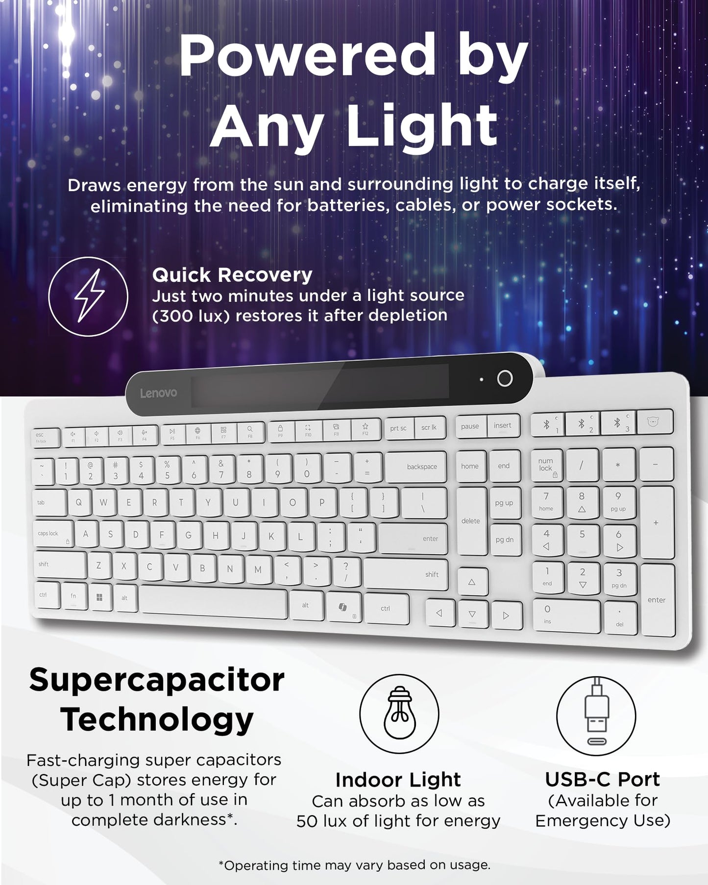 Lenovo 800 Self-Charging Bluetooth Keyboard, Uses Ambient Light for Charging, Bluetooth 5.1, Supports 3 Devices, Battery Free, Wireless, White
