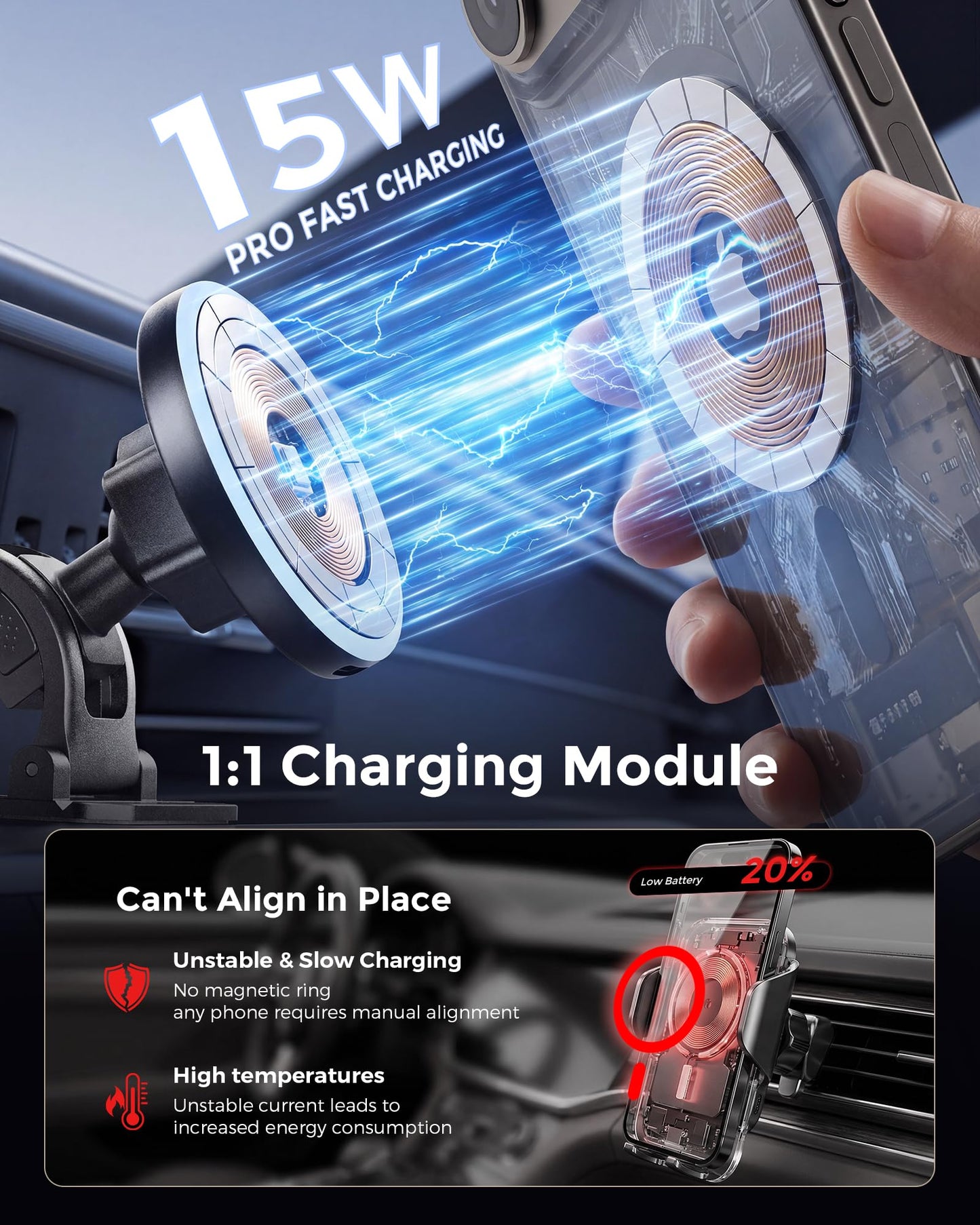 Estbuc 2-in-1 15W Magsafe Car Mount Charger, Magnetic Wireless Car Charger, 360° Dashboard & Air Vent Phone Mount, Phone Holders for Your Car, Car