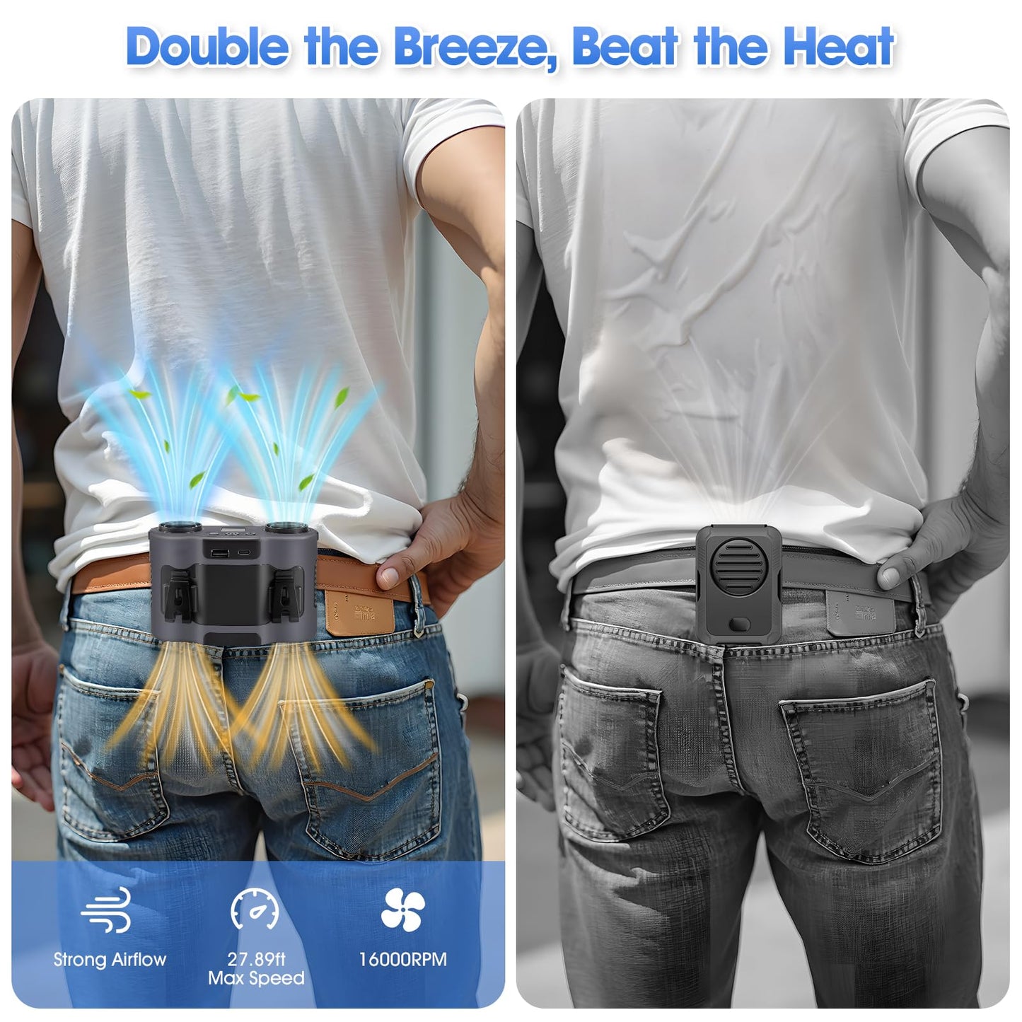 42H Portable Waist Fan, 28000mAh Rechargeable Wearable Belt Fans, 16000 RPM Cooling Neck Body Powerful Shirt Personal Cooling Fan for Outdoor Jobsite