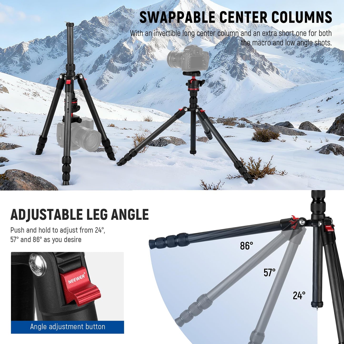 NEEWER Basics Carbon Fiber Travel Tripod, 64" Compact Lightweight Portable Camera Video Stand, Arca Type Ball Head & Cell Phone Holder Compatible