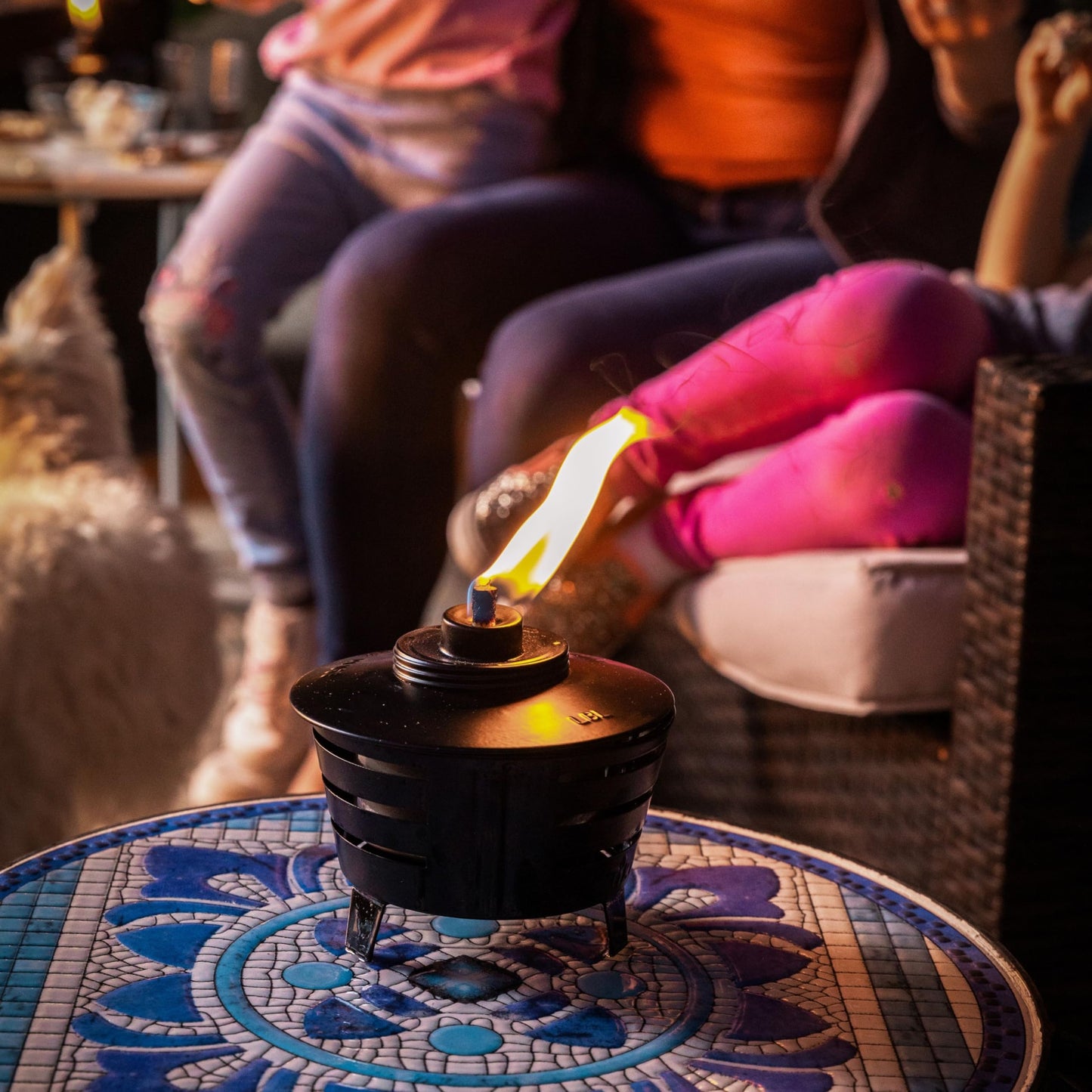 TIKI Mini Fire Pit Tabletop Torch 2-Pack, Outdoor Decorative TIKI Torch for Patio, Backyard, and Garden, Black Metal Tabletop Flame Torch, Includes