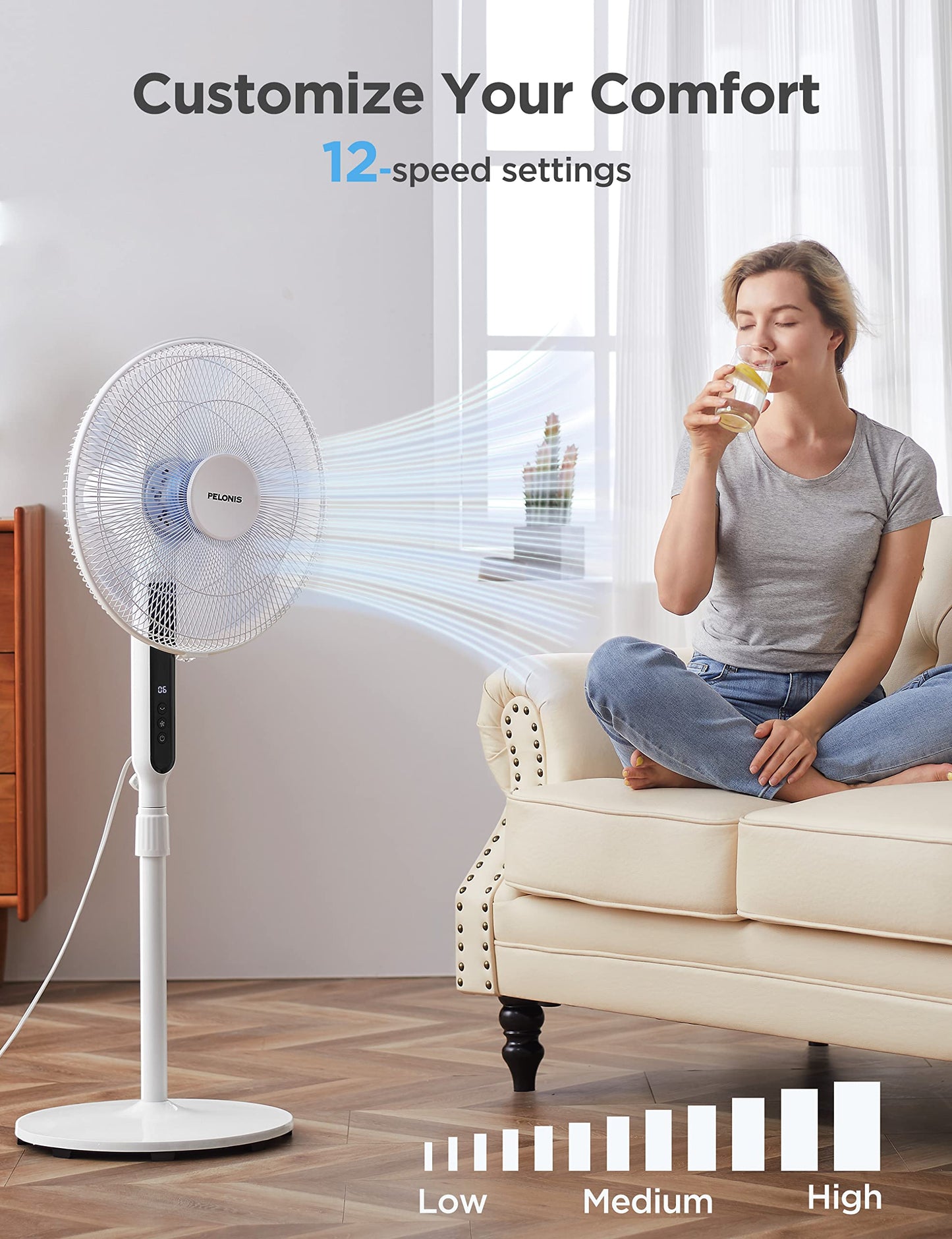 PELONIS 16" Oscillating Pedestal Stand Up Fan | Adjustable Height | Ultra Quiet DC Motor | Remote Control | 12 Speed | 12-Hour Timer | High Energy