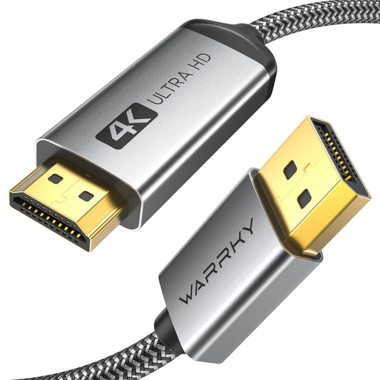 WARRKY 4K DisplayPort to HDMI Cable [UHD, Metal Case, Nylon Cable] 6FT Unidirectional Display Port 1.2 Source to HDMI 1.4 Screen, DP to HDMI