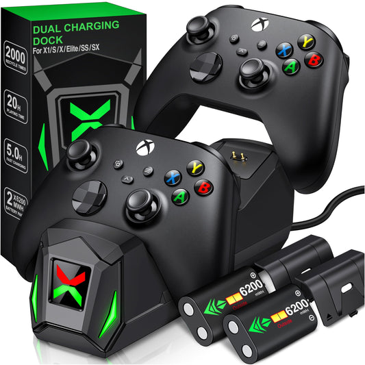 Upgraded Controller Charger Station with 2x6200mWh Rechargeable Battery Packs for Xbox One/Series X|S, Dual Charging Dock for Xbox One Battery Pack