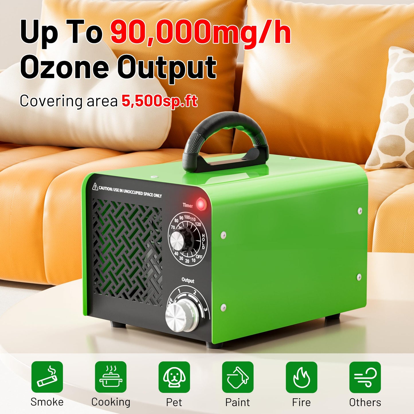 Ozone Generator 90,000mg, 3-Level Ozone Adjustment and Triple-Layer Ozone Output Board-Ozone Machine for Areas Up to 5,500 sq. ft,Ozone Odor