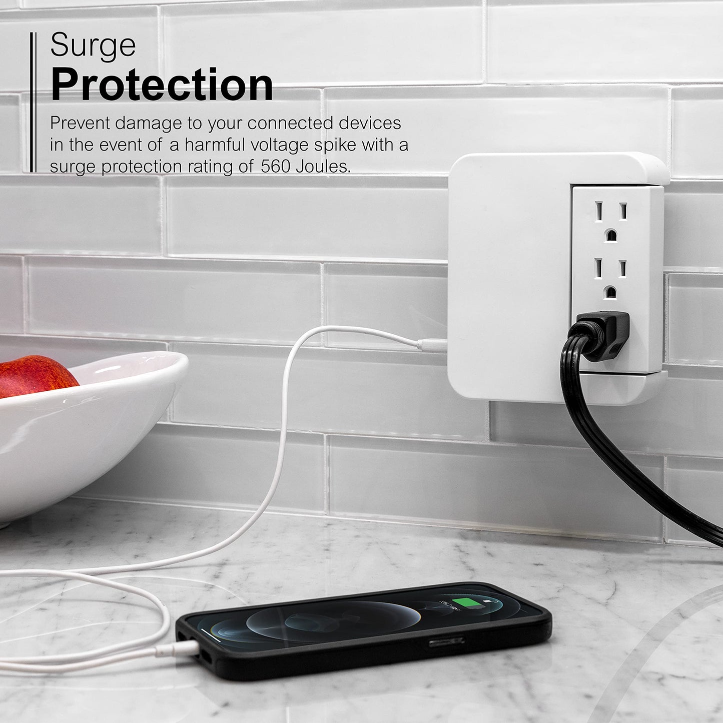 GE Pro Side-Access Swivel Surge Protector, 5-Outlet Extender with 2 USB Ports, Wall Tap Adapter, Charging Station, 3-Prong, 560 Joules, 2.4 AMP/12