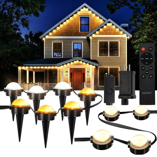 Permanent Outdoor Lights Warm to Cool White, 65.6Ft 2700K-6500K White 2-in-1 Eaves & Ground Stakes LED Lights IP67 Waterproof with Remote, Outside