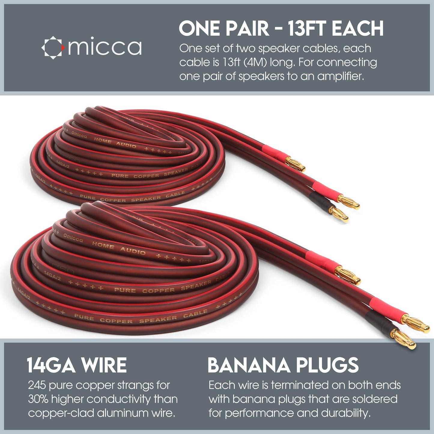 Micca 14 Gauge Pure Copper Speaker Cables, 13 Feet Each (4 Meters), 2 Pack Pair, Gold Plated Banana Plugs Connectors, Soldered Construction, Slim