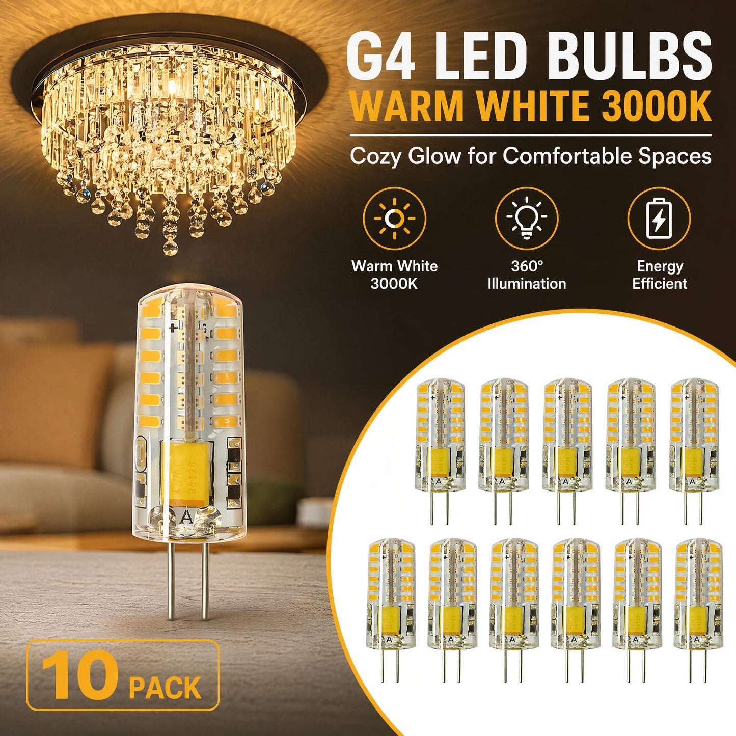 G4 LED Bulb 12V Bi-Pin 10-Pack,Silicone 360° COB,Flicker-Free Chandelier RV