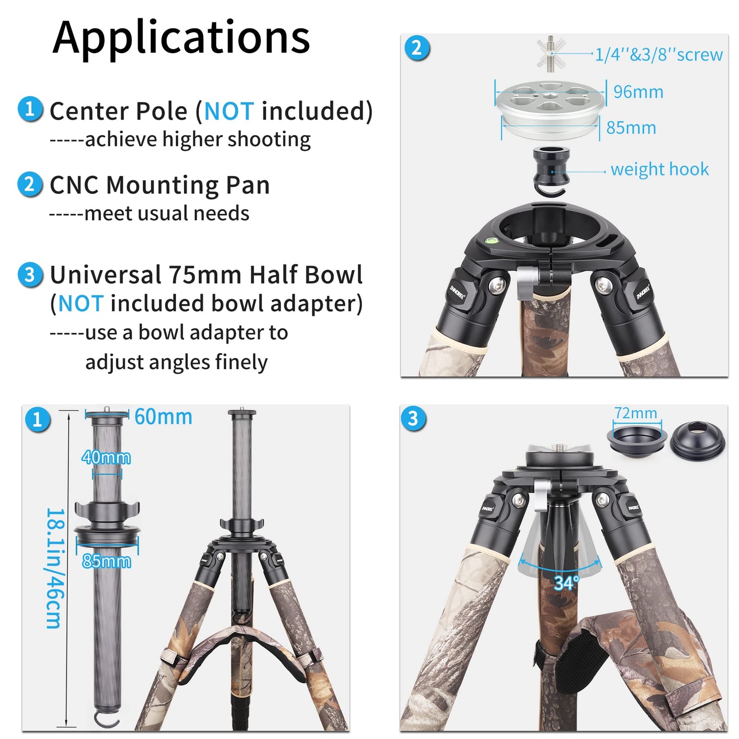 INNOREL RT90CM Carbon Fiber Bowl Tripod - Heavy Duty With 75mm Bowl, 40mm Leg Tube, Ultra Stable Professional Camera Tripod, Max Load 88lb/40kg