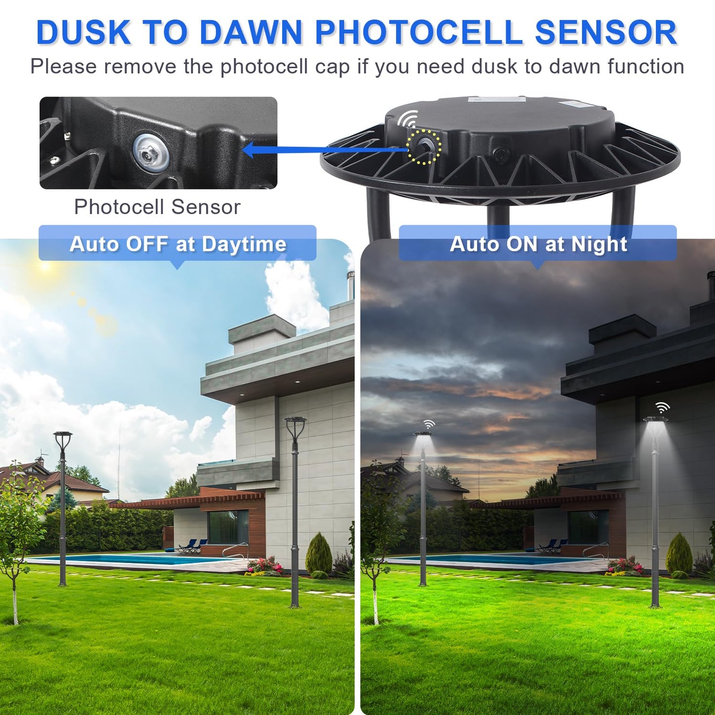 LED Post Top Light with Dusk to Dawn Photocell, 20W/30W/40W/60W Wattage Selectable, 3000K/4000K/5000K CCT Tunable, LED Post Top Outdoor Circular Area
