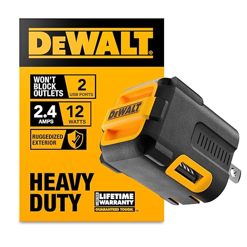 DEWALT Heavy Duty NeverBlock USB Charger, Angled Dual Port 12W Wall Charger Adapter, Foldable Plug, Charging Box Brick, Cube for iPhone 17 16 15 14 13