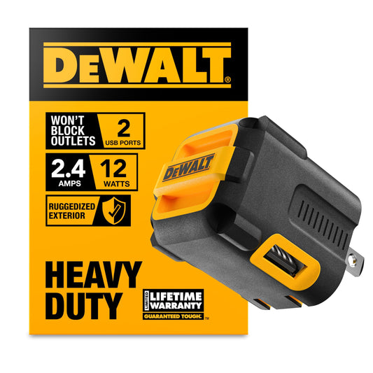 DEWALT Heavy Duty NeverBlock USB Charger, Angled Dual Port 12W Wall Charger Adapter, Foldable Plug, Charging Box Brick, Cube for iPhone 17 16 15 14 13