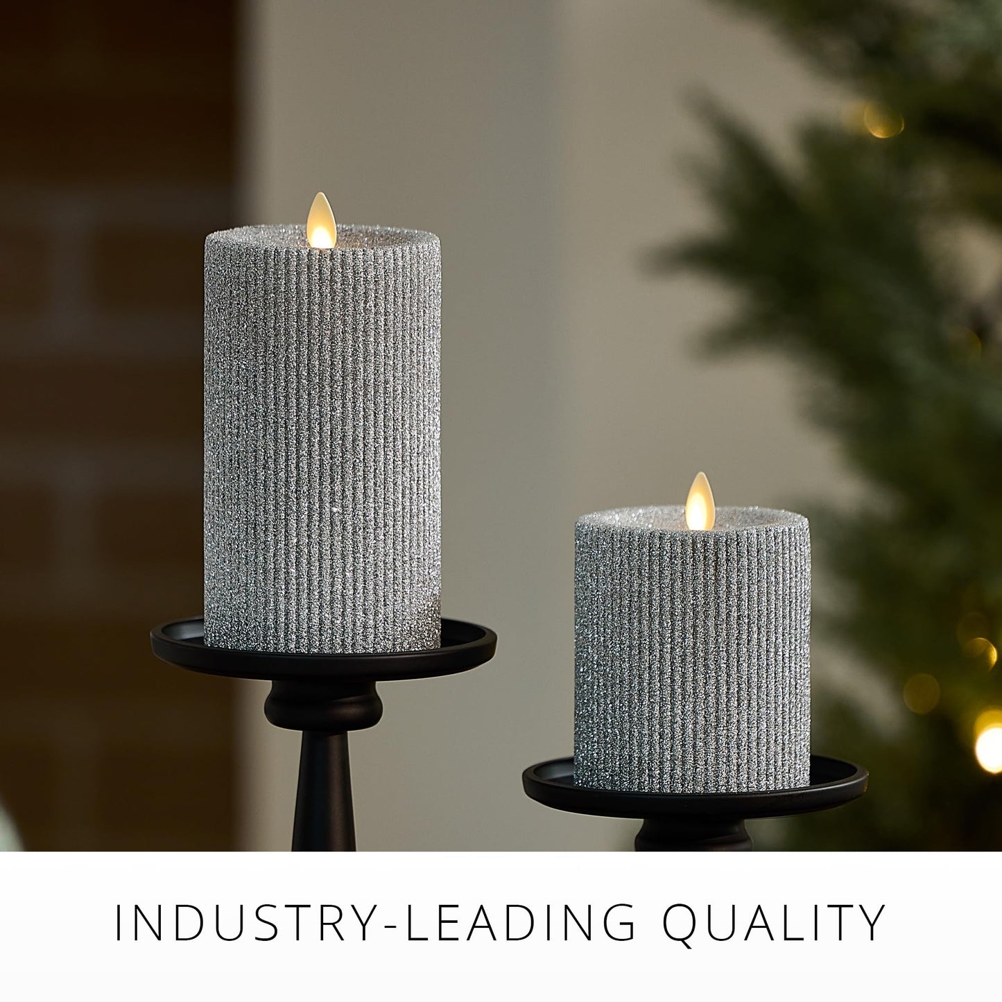 Luminara Brilliant Silver Glitter Ribbed Flameless LED Candle Moving Flame Pillar, Real Wax, Flat Top, Timer (3.25" x 6.5")