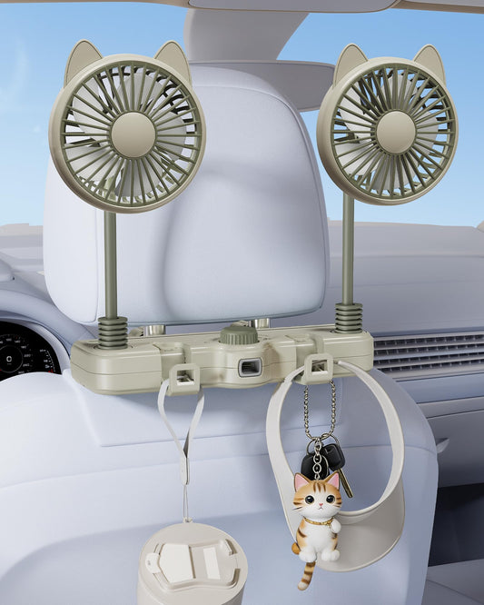 SCENEIN Cute Dual Head Gooseneck Car Cooling Fans for Back Seat for Kids, 3000mAh Battery Powered Rechargeable Usb Car Headrest Fan for Baby Rear