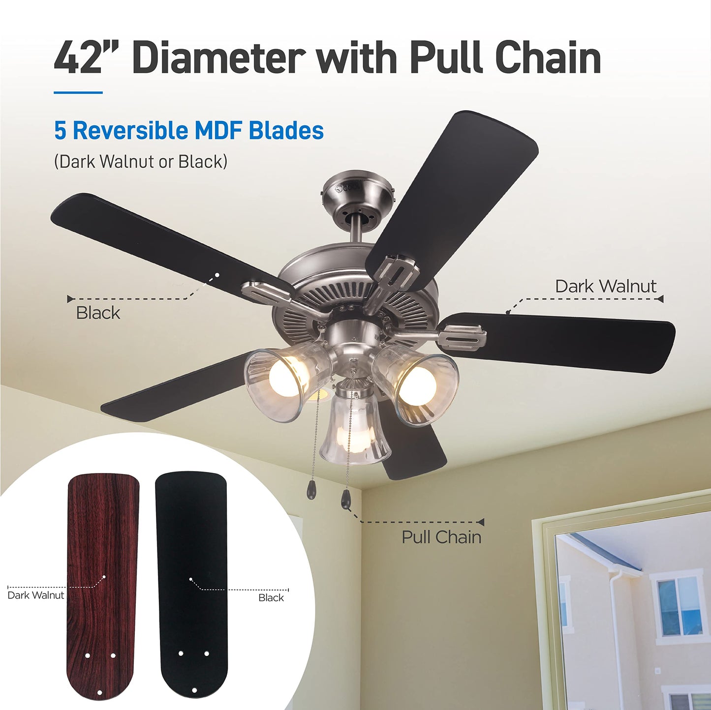 COMMERCIAL COOL 42” Contemporary Ceiling Fan with Lights, Cools up to 175 Sq. Ft., Ideal for Medium Sized Rooms, Equipped with Dual Chain, 5