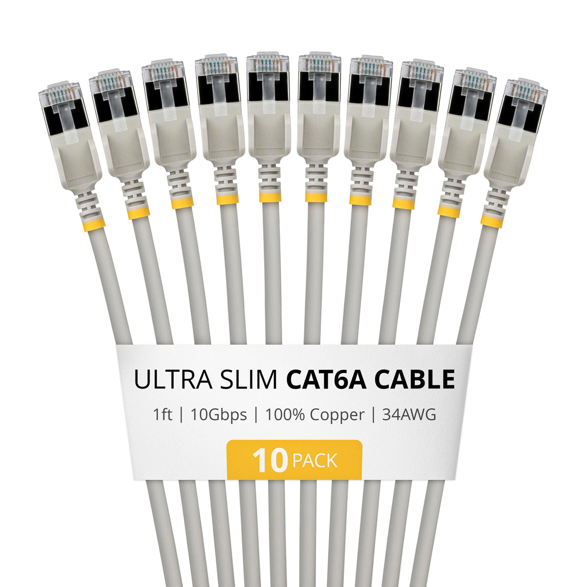 StarTech 1ft Gray Ultra Slim Cat6A Ethernet Cable, 10 Pack, Snagless, FTP, Pure Bare Copper Wire, 34AWG Ultra Slim RJ45 Network Patch Cord