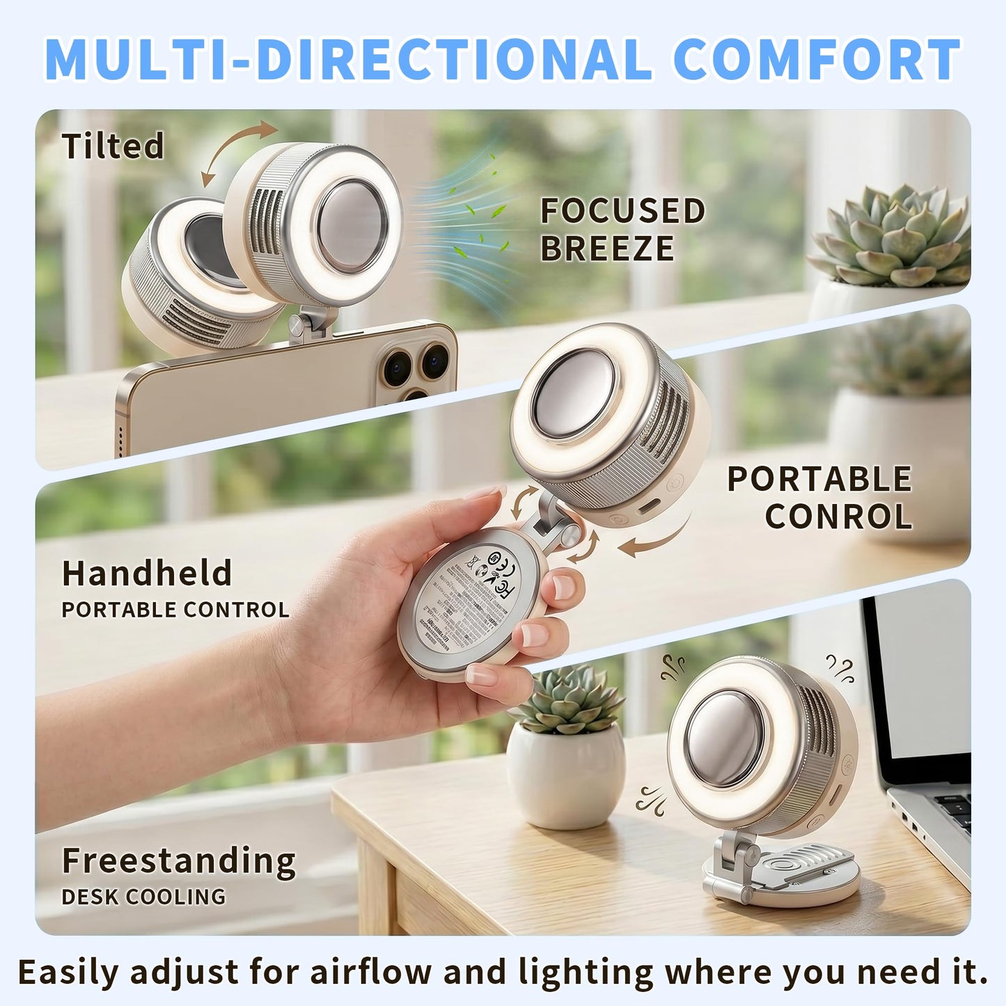 Rilicco 3-in-1 Magnetic Magsafe Fan with Fill Light,360° Silent Whirlwind Small Fan Clip & Desktop Dual Use for Shirt Waist Outdoor Travel Office Gift