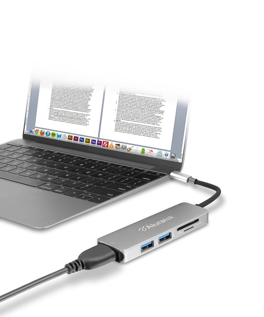 Aluratek USB Type-C Hub & Micro/SD Card Reader AUMC0302F - 4-in-1 Multiport Adapter with 4K HDMI, 3 USB 3.0 Ports, Powered USB, Dongle - High-Speed