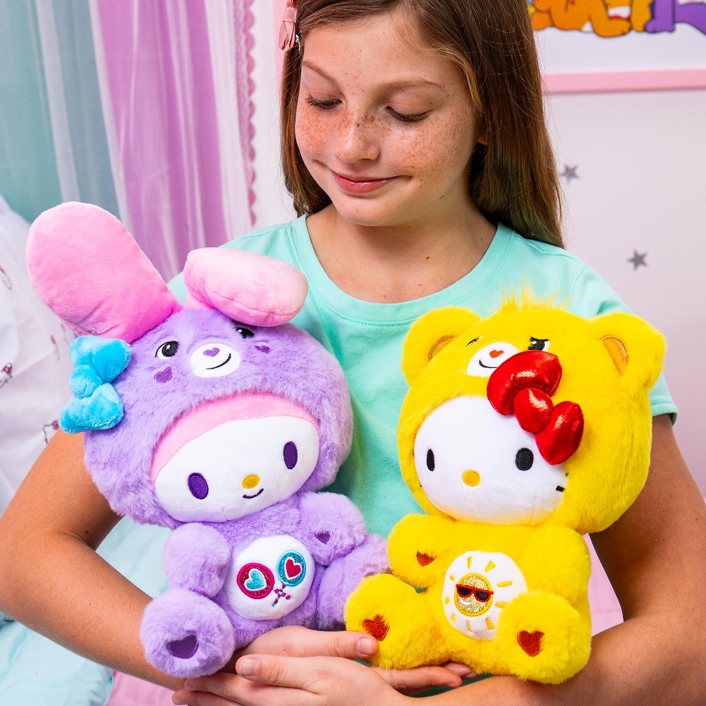 Care Bears x Hello Kitty Plush 2 Pack - Hello Kitty as Funshine Bear & My Melody as Share Bear