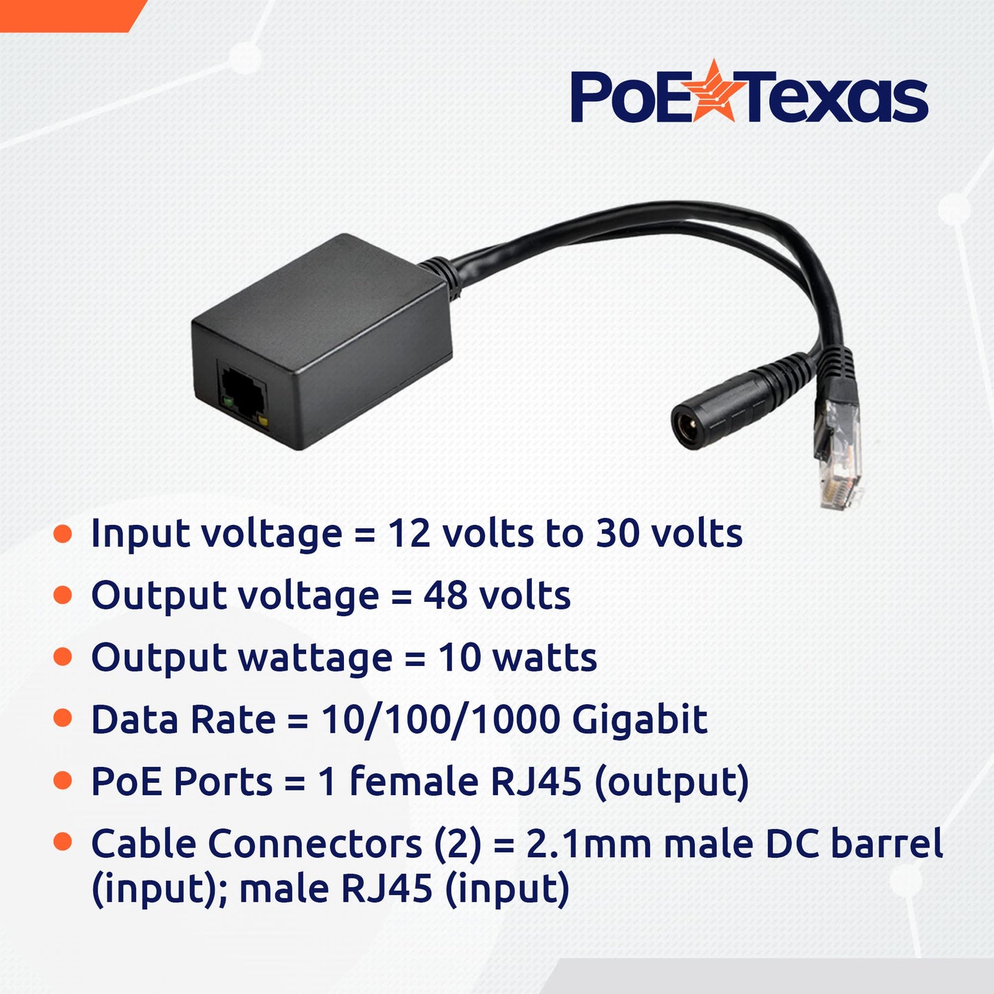PoE Texas Power Over Ethernet Inline Converter Injector for 12 Volt and Solar to POE Conversions - Convert 12-30v to PoE with Gigabit Data - Instantly