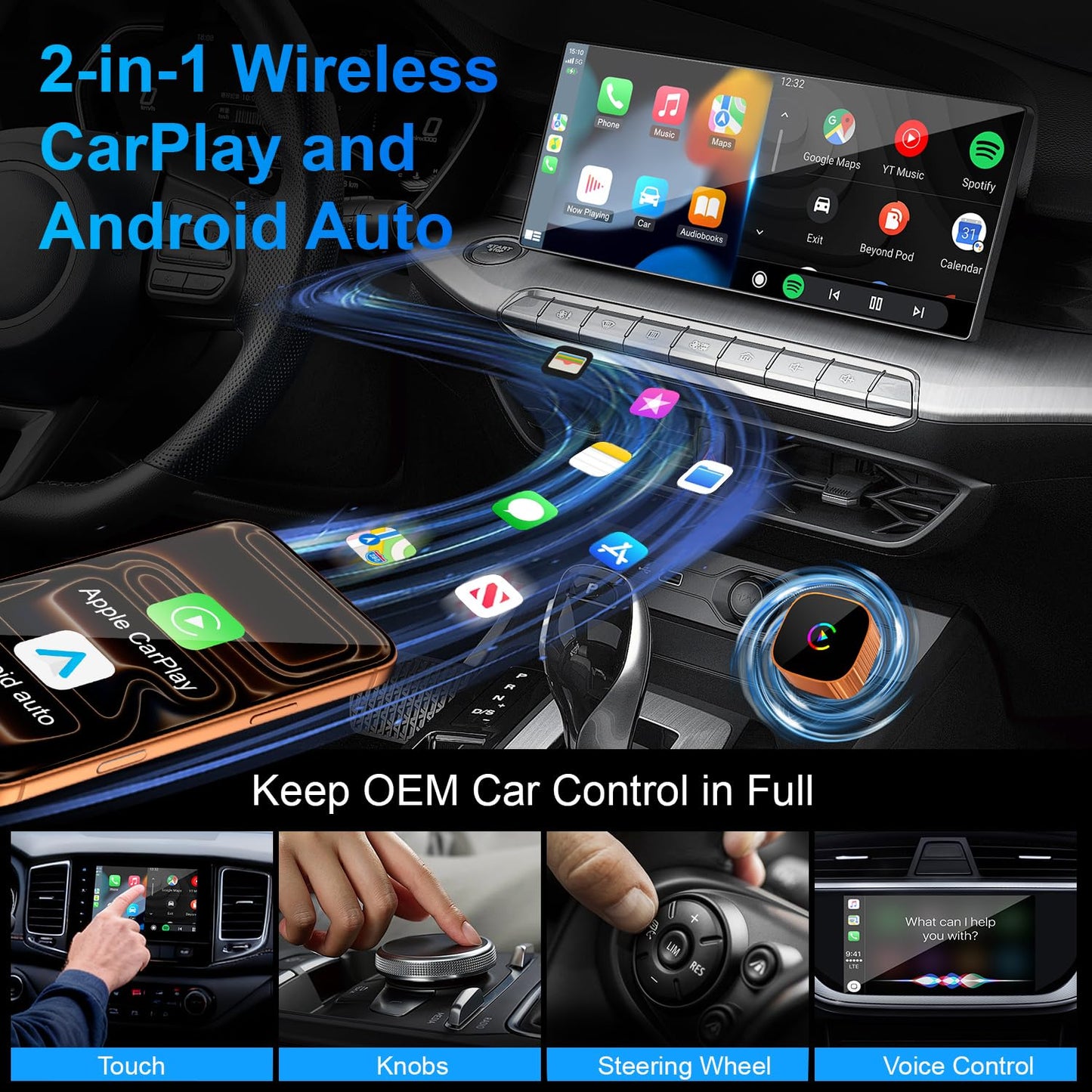 2-in-1 Wireless CarPlay for iPhone & Android Auto, Converts Wired to Wireless CarPlay, 2026 Upgrade, Faster & Stable Connection, Plug & Play, 1080P HD