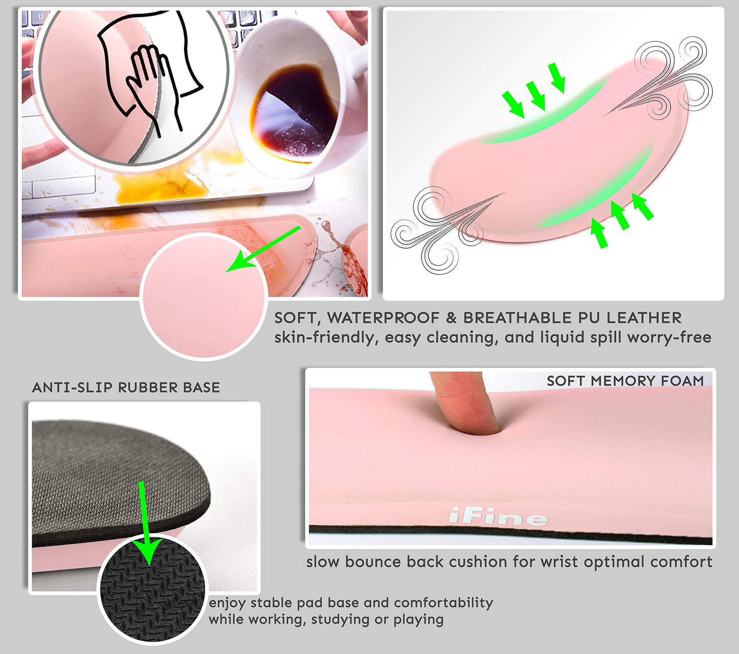 iFine Upgrade Cleanable PU Leather Keyboard Wrist Rest Pad & Mouse Wrist Cushion Support for School, Office, Home, Computer, Laptop, Mac, Waterproof