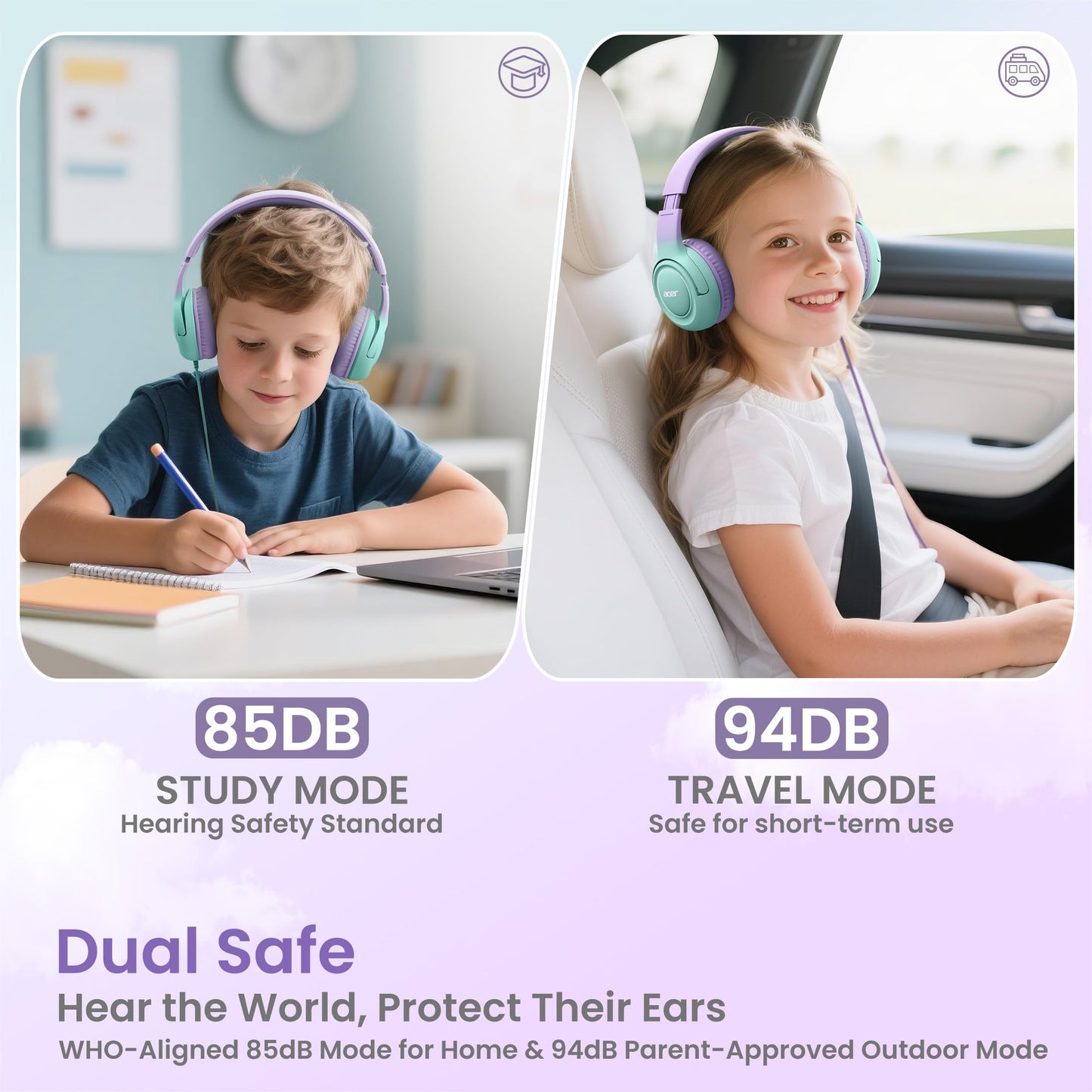 Acer Kids Headphones for School, 85-94dB Limiter, 3.5mm Jack, w/Mic HK03